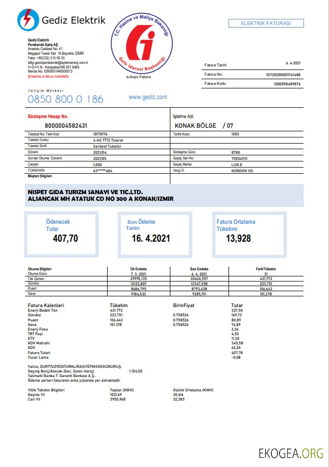 Turkey Gediz Elektrik utility bill template in Word and PDF format, fully editable